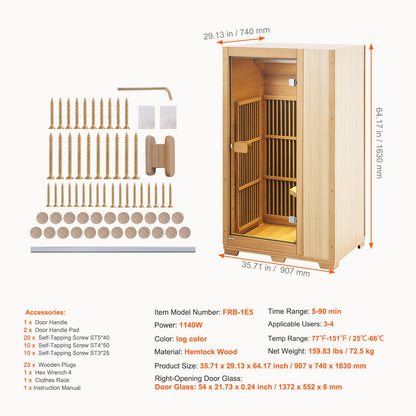 Far Infrared Wooden Sauna Room Home Sauna Spa for 1 Person1140W